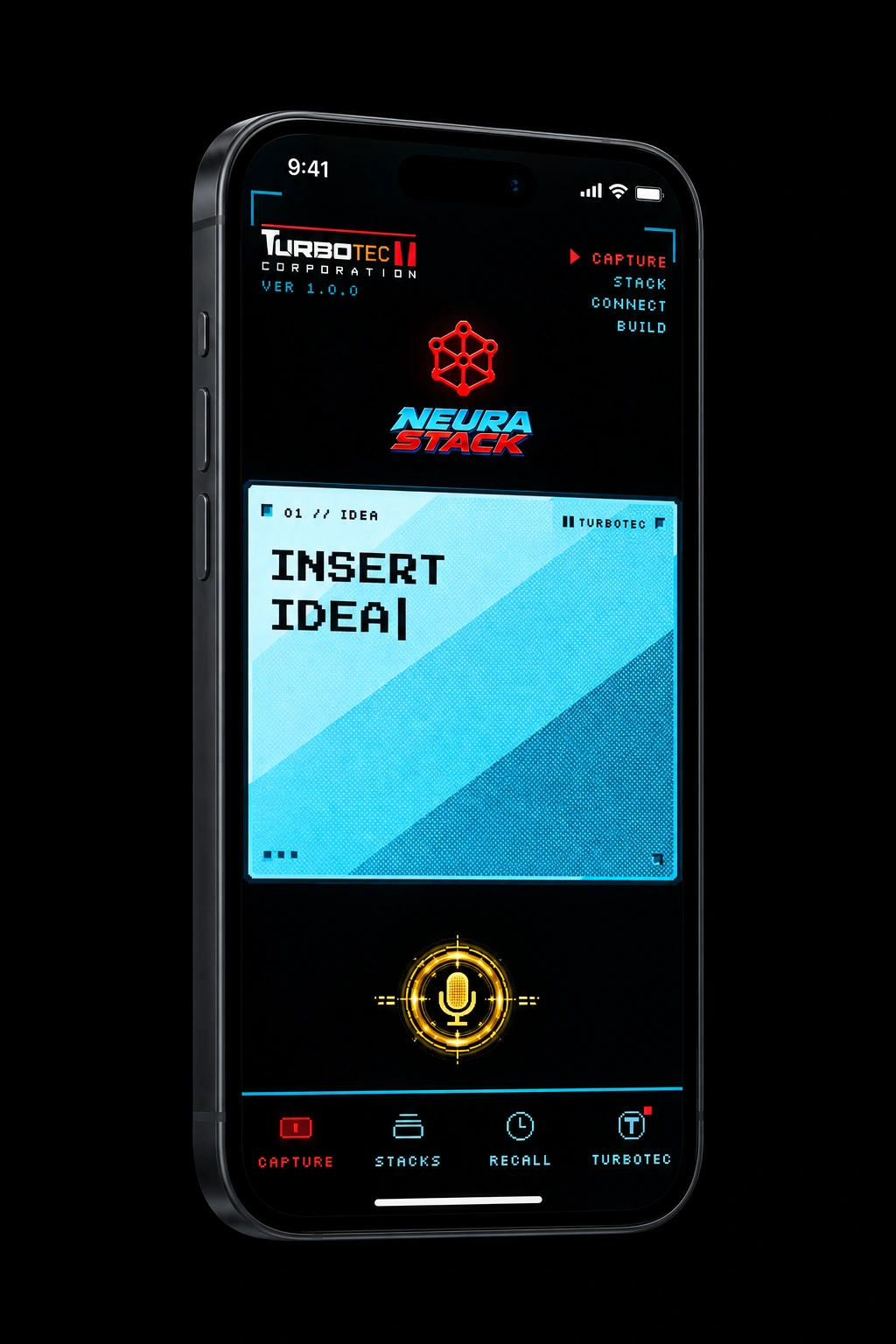 Neura Stack on iPhone: the capture screen, ready for a new idea card